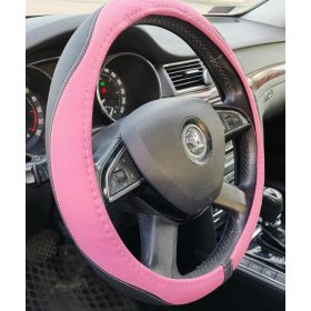 Couvre volant similicuir noir effet bande rose Ø38cm