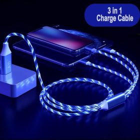   Câble de chargement 3en1 Micro USB + Type C + Apple LIGHTNING LED - de couleur bleue