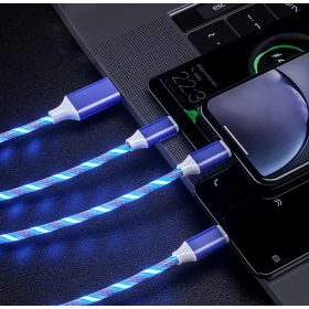   Câble de chargement 3en1 Micro USB + Type C + Apple LIGHTNING LED - de couleur bleue