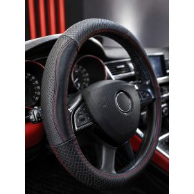   Couvre volant en cuir noir matelassé avec motif carreaux et surpiqûres rouges Ø38cm