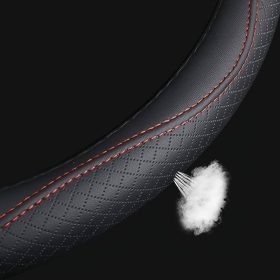   Couvre volant en cuir noir matelassé avec motif carreaux et surpiqûres rouges Ø38cm