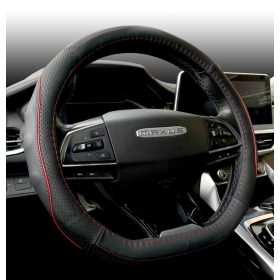   Fekete Bőr Kormányvédő "D" Típusú 38cm átm. , Piros Betéttel, KV-5209D/BR