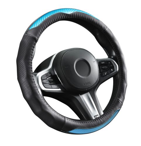 Couvre volant en Cuir effet Carbon noir/bleu Ø38cm