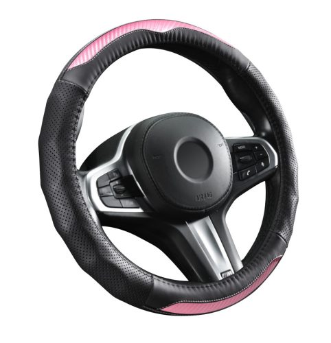 Couvre volant en cuir effet Carbon noir/rose Ø38cm