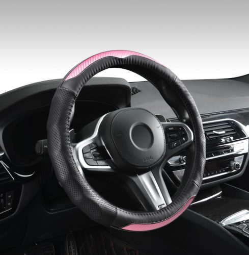 Couvre volant en cuir effet Carbon noir/rose Ø38cm