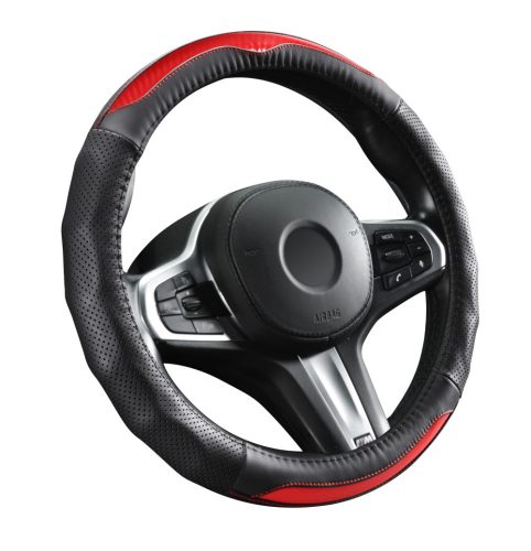 Couvre volant en cuir effet carbon noir/rouge Ø38cm