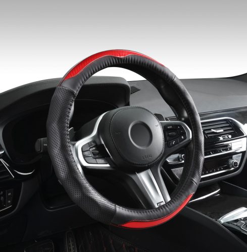 Couvre volant en cuir effet carbon noir/rouge Ø38cm