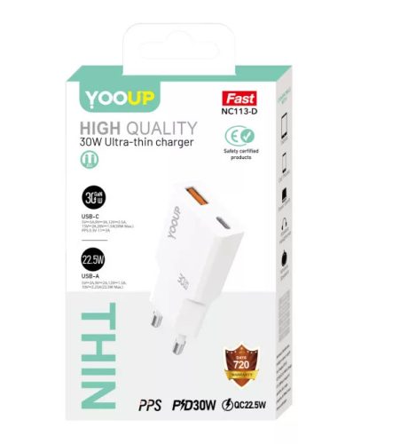 YOOUP 30W Ultra vékony - Dupla hálózati töltő (USB/TYPE-C PD) NC113-D